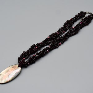 90's garnet pearl 925 sterling silver LUC 3 strand torsade necklace, big detachable abalone shell pendant image 5