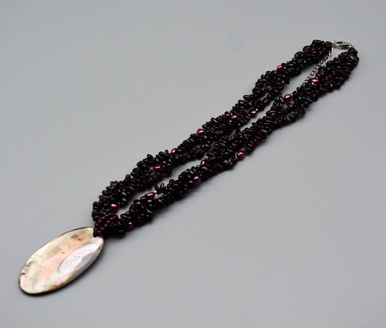 90's garnet pearl 925 sterling silver LUC 3 strand torsade necklace, big detachable abalone shell pendant image 5