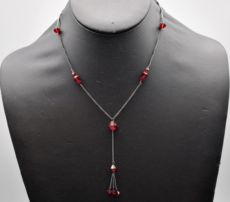 70's sterling dark red crystal Gothic fringe Y necklace, MS Co oxidized 925 silver glass bicones necklace image 1