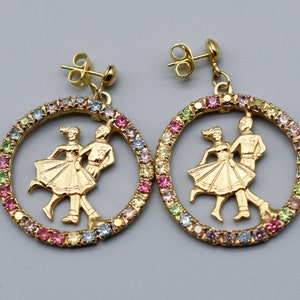 60's rhinestone gold plate square dancer stud dangles, colorful kitsch line dancers earrings image 1
