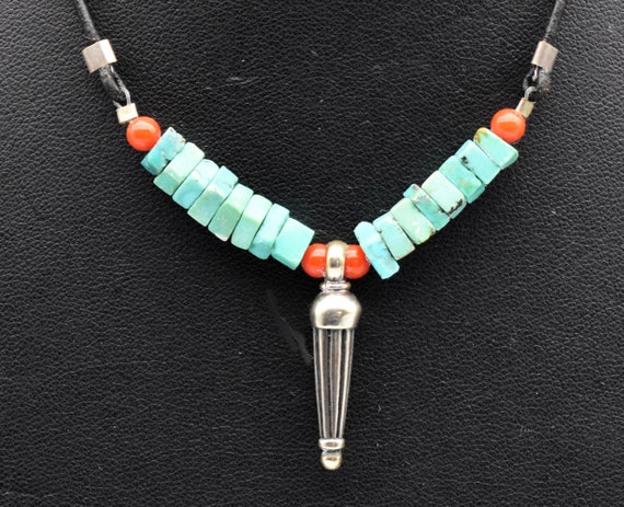 70's turquoise coral sterling leather rocker neck… - image 4