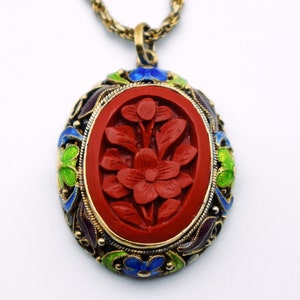 50's carved cinnabar flower gilt silver cloisonne pendant, ornate enamel 925 sterling vermeil necklace image 1