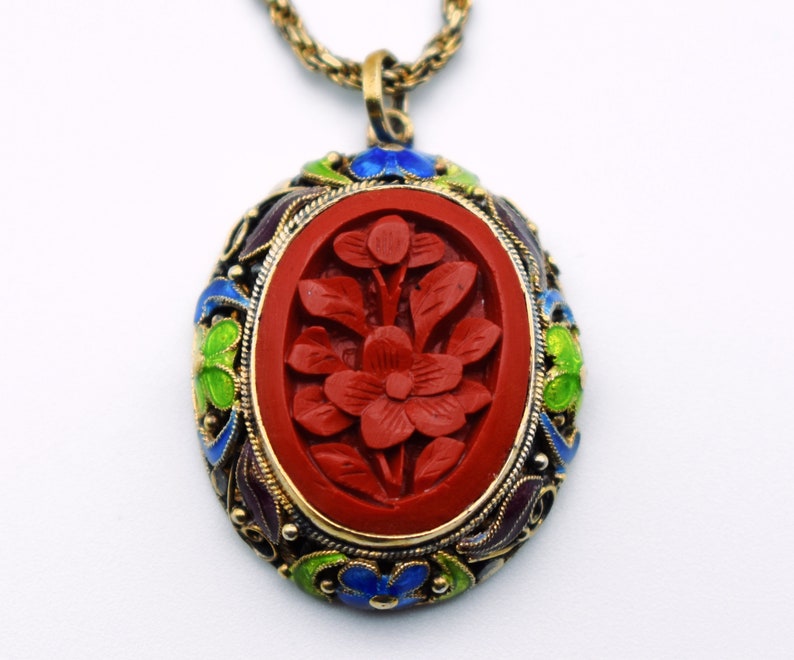 50's carved cinnabar flower gilt silver cloisonne pendant, ornate enamel 925 sterling vermeil necklace image 1