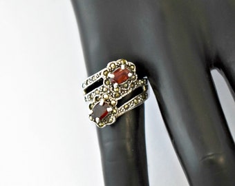 40's Art Deco garnets pyrite sterling size 6 floral ring, red gems marcasite 925 silver geometric flowers statement