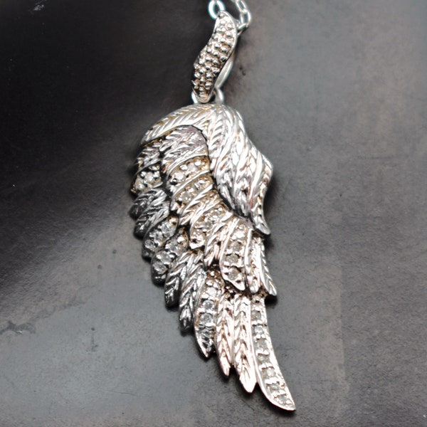 90's diamonds in sterling angel wing pendant, elegant EA 925 silver clear gems bling necklace