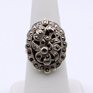 30's Art Deco cast sterling marcasite size 6.5 flower ring, ornate satin 925 silver pyrite oval ring image 6