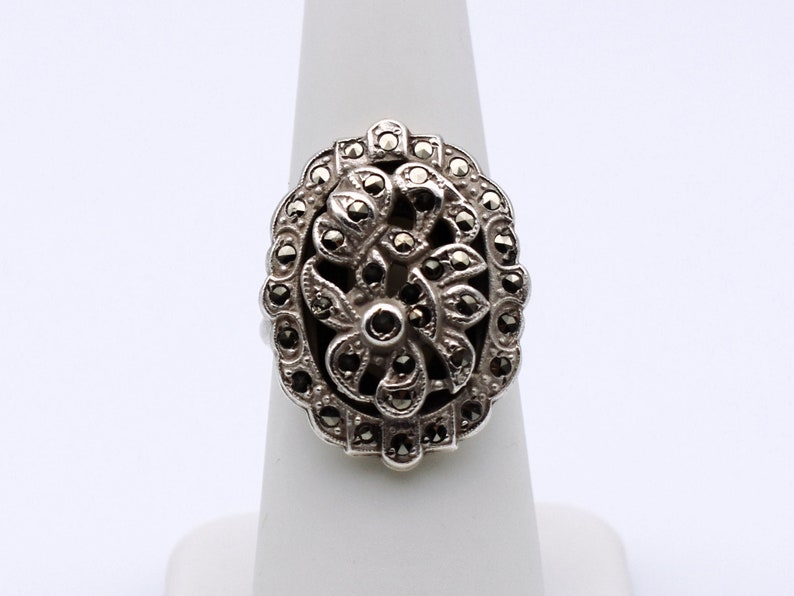 30's Art Deco cast sterling marcasite size 6.5 flower ring, ornate satin 925 silver pyrite oval ring image 6