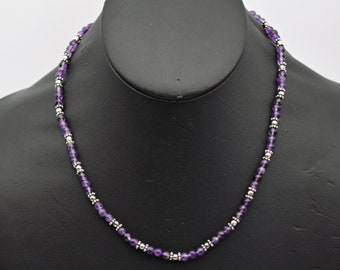 Boho 70's amethyst sterling princess length chain, elegant 925 silver purple beads hippie necklace