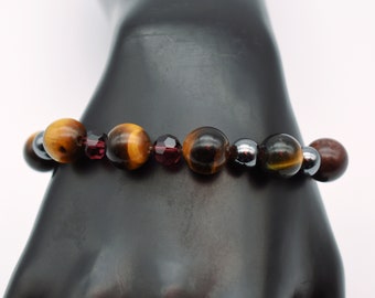 70's brown tigers eye red tiger iron hematite & crystal beads 925 sterling silver toggle clasp bracelet