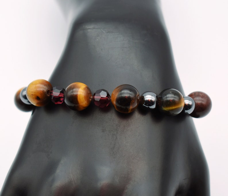 70's brown tigers eye red tiger iron hematite & crystal beads 925 sterling silver toggle clasp bracelet image 1