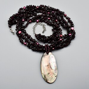 90's garnet pearl 925 sterling silver LUC 3 strand torsade necklace, big detachable abalone shell pendant image 2