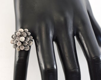 50's Avant Garde textured sterling size 5.25 dimensional floral ring, 925 silver asymmetrical Brutalist statement