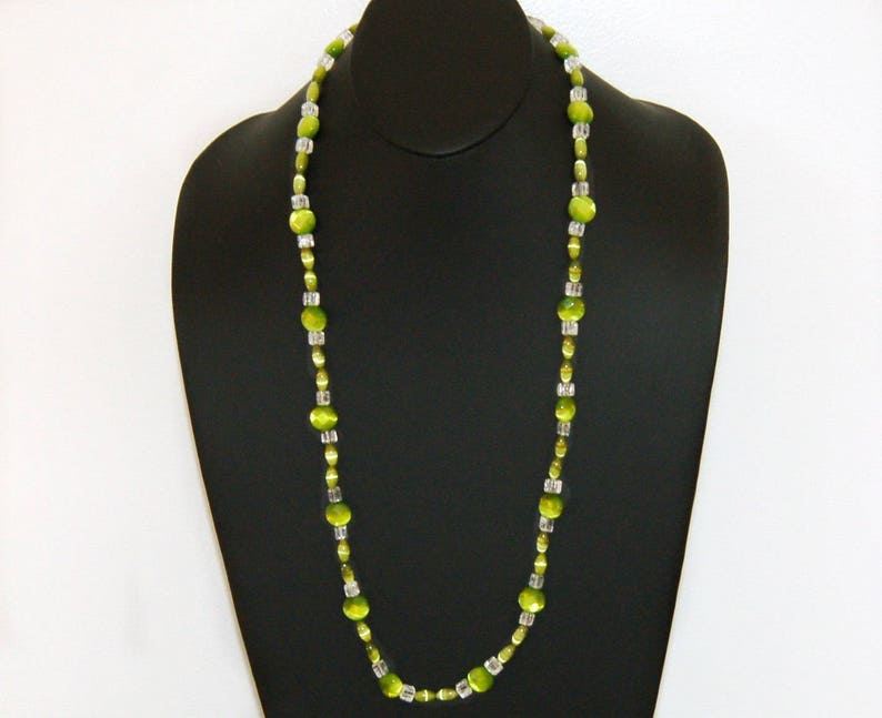 Mod 60's neon green cats eye crackle glass sterling necklace, psychedelic 925 silver beaded statement image 6