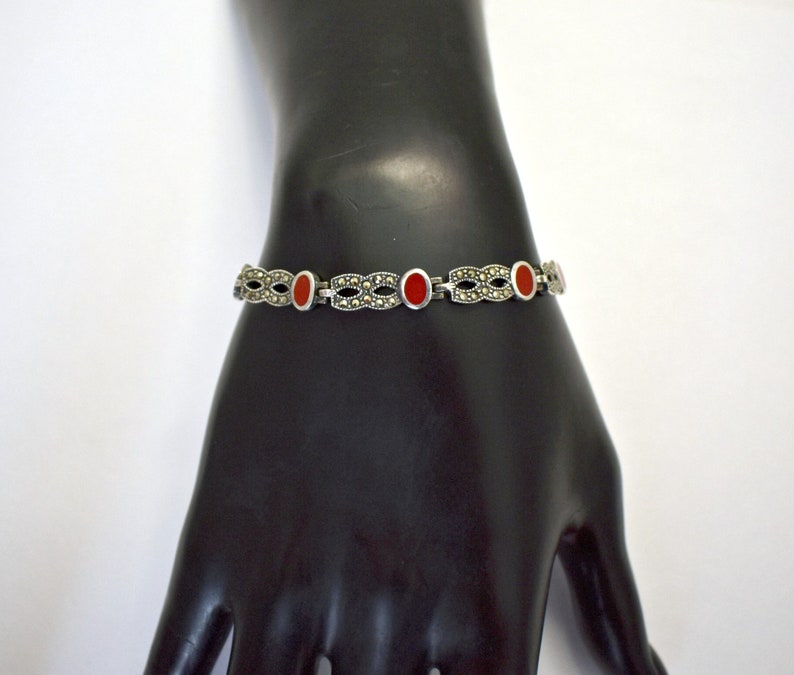 80's Art Deco sterling coral pyrite figure 8 bling bracelet, 925 silver marcasite infinity links image 5