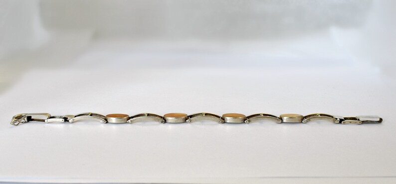 Edgy 60's sterling queen conch Modernist link bracelet, 925 silver bars & orange ovals stacker image 8