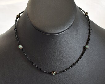 60s Cloisonne Choker: Black Micro Bead Glass 925 Sterling Silver Goth Necklace
