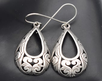 70's Byzantine sterling curved teardrop dangles, big open work 925 silver boho ribbon earrings