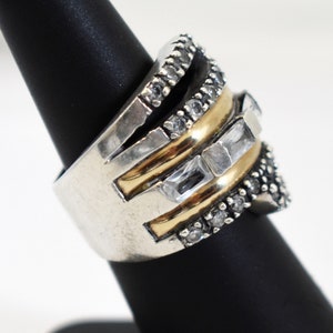 80's 18k PE 925 silver goshenite size 6.5 wide bling band, edgy sterling & yellow gold white beryl statement ring image 3