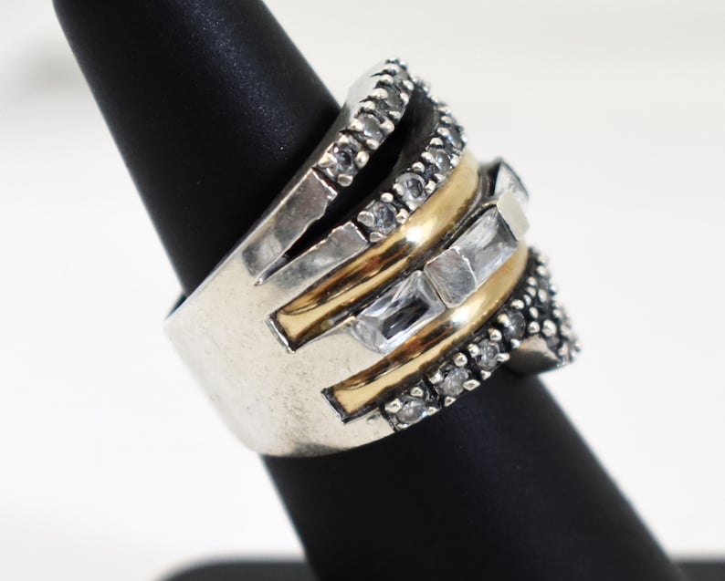 80's 18k PE 925 silver goshenite size 6.5 wide bling band, edgy sterling & yellow gold white beryl statement ring image 3