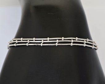 Minimalist 80's Italy beaded sterling snake chain bracelet, 3 strand 925 silver discs on chain rocker stacker