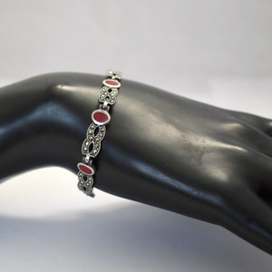 80's Art Deco sterling coral pyrite figure 8 bling bracelet, 925 silver marcasite infinity links image 7