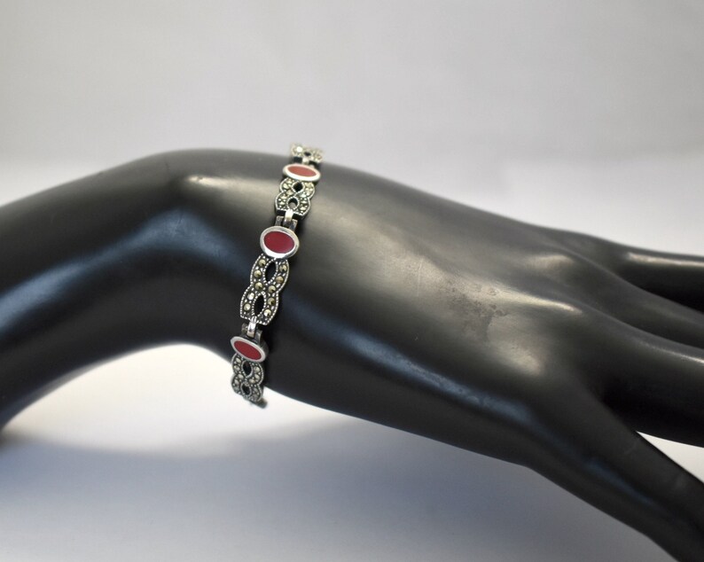 80's Art Deco sterling coral pyrite figure 8 bling bracelet, 925 silver marcasite infinity links image 7