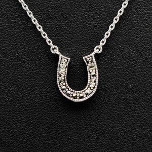 80's sterling marcasite horseshoe affixed pendant, minimalist FAS 925 silver pyrite good luck necklace image 1