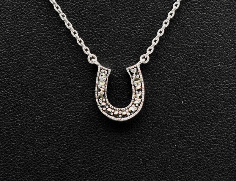 80's sterling marcasite horseshoe affixed pendant, minimalist FAS 925 silver pyrite good luck necklace image 1