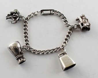 40's sterling curb chain child's charm bracelet, clever prospector-themed 4 charm 925 silver sister clasp bracelet