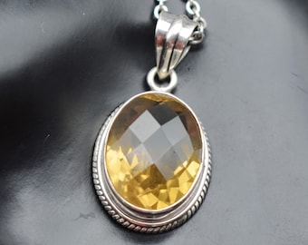 70's sterling golden brown oval spinel pendant, big simple faceted stone 925 silver rolo chain necklace