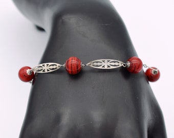 Goth 60's swirled beads & sterling pointed oval bars bracelet, edgy striped red ceramic 925 silver links
