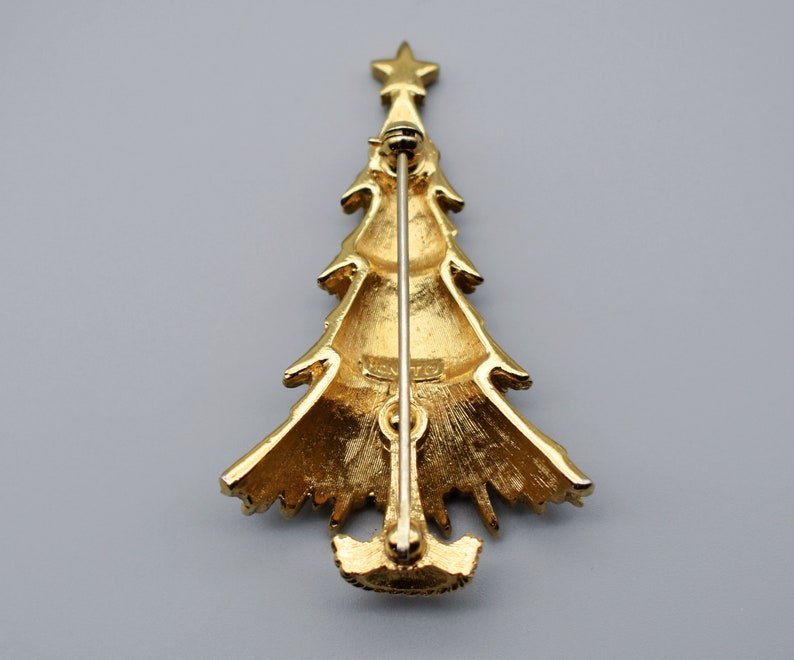 80's Monet gold tone rhinestones Xmas tree brooch, festive dimensional abstract Christmas holiday pin image 6