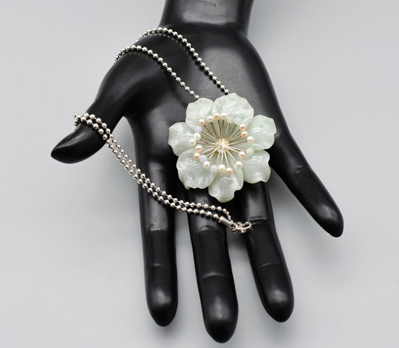 Vintage Whitney Kelly jade pearl sterling silver pendant brooch, big WK 925 China jadeite flower necklace image 10