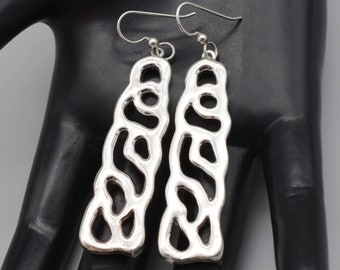 Long 70's Avant Garde hollow sterling dangles, edgy 925 silver graduated rectangle earrings