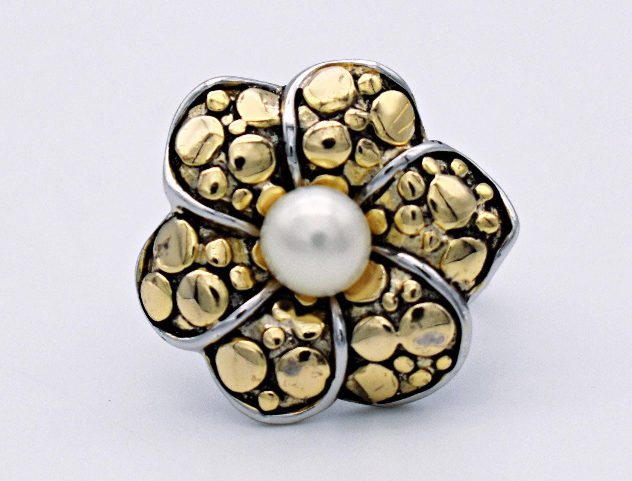 90's pearl sterling size 6.75 bubble petal flower ring, China 925 silver vermeil floral boho statement