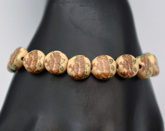 90's ceramic & macrame good fortune sand peony wrist band, 2 sided Chinese pottery discs pull bracelet