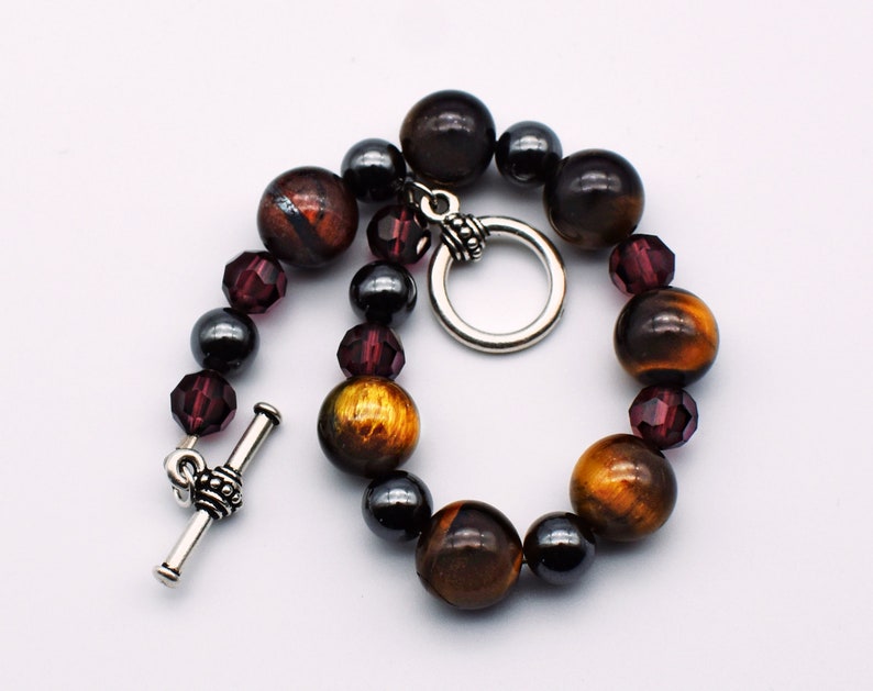 70's brown tigers eye red tiger iron hematite & crystal beads 925 sterling silver toggle clasp bracelet image 3