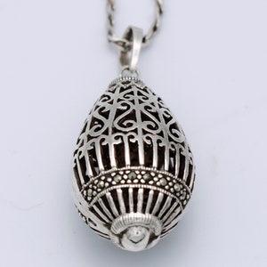 80's sterling marcasite ornate egg pendant, unusual Byzantine 925 silver pyrite cage necklace image 9