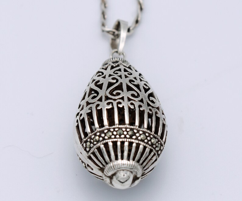 80's sterling marcasite ornate egg pendant, unusual Byzantine 925 silver pyrite cage necklace image 9