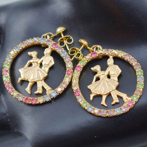 60's rhinestone gold plate square dancer stud dangles, colorful kitsch line dancers earrings image 3