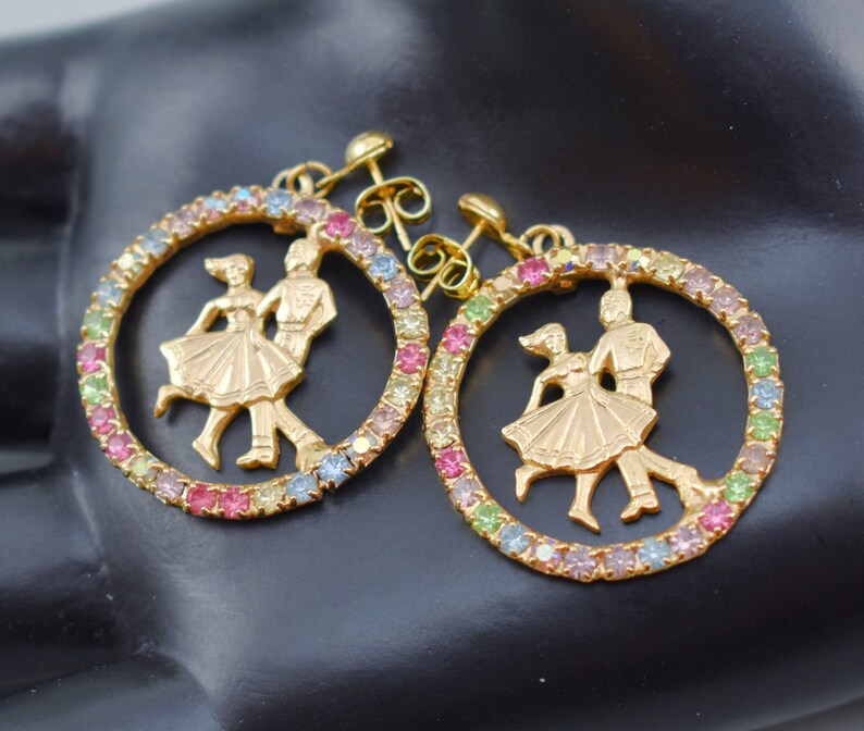 60's rhinestone gold plate square dancer stud dangles, colorful kitsch line dancers earrings image 3