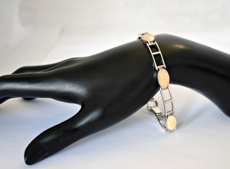 Edgy 60's sterling queen conch Modernist link bracelet, 925 silver bars & orange ovals stacker image 4