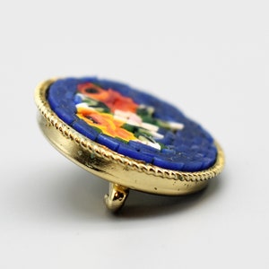 50's micro mosaic oval flowers pin, vibrant blue background gold plate floral safety pin brooch image 2