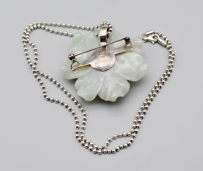 Vintage Whitney Kelly jade pearl sterling silver pendant brooch, big WK 925 China jadeite flower necklace image 8