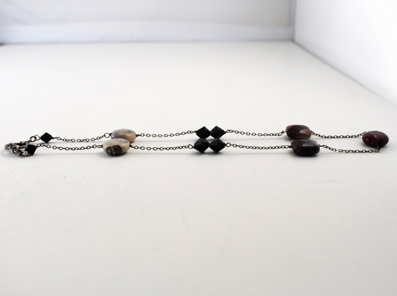 Mod 70's sterling rhodonite black crystal choker, edgy 925 silver bicones square & round discs necklace image 3