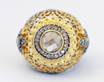 Fabulous 90's bombe 925 silver gold wash crystal size 7 ring, big sterling vermeil filigree statement