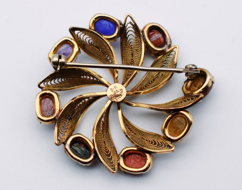 40's Egyptian Revival B-M Co gold filled pinwheel brooch, gemstone scarabs 12k GF filigree flower pin image 6