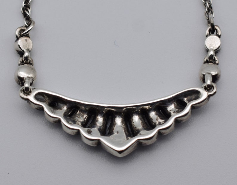 80's Art Deco style sterling & crystal bib, abstract 925 silver scalloped triangle necklace image 2