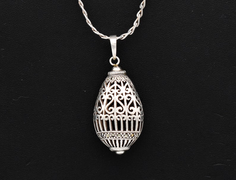 80's sterling marcasite ornate egg pendant, unusual Byzantine 925 silver pyrite cage necklace image 7