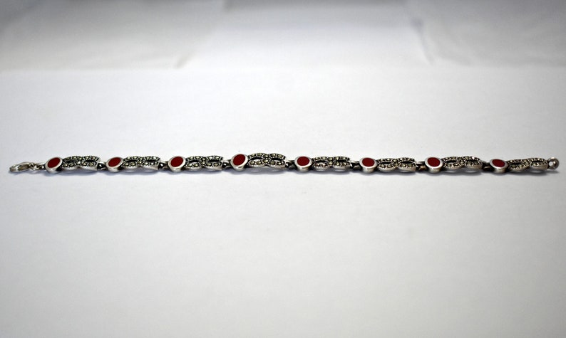 80's Art Deco sterling coral pyrite figure 8 bling bracelet, 925 silver marcasite infinity links image 4